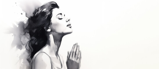 Watercolor artwork of a woman praying with copy space