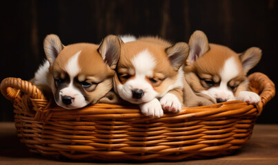 Adorable corgi puppies snuggle together sleeping.