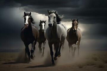 A group of horses running on desert sands under a dark sky. Four male horses grazing. Generative AI
