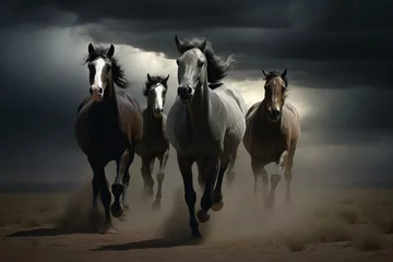 Fotobehang A group of horses running on desert sands under a dark sky. Four male horses grazing. Generative AI © Xander