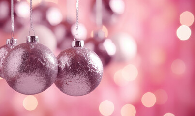 Vibrant festive scene with pink Christmas ornaments.