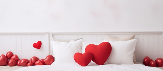 Red heart and white pillow on bed for love and romantic occasions