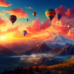 Colorful hot air balloons flying over mountain at sunset