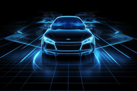 Conceptual image depicting wireframe frontal intersection illustrating modern car technologies. Generative AI