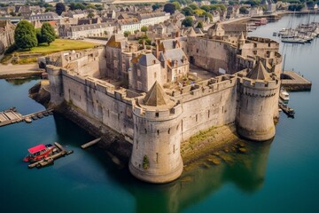 Bird's-eye view of fortified port Lorient in southern Brittany, historically fortified by Vauban in the 17th century at Port Louis in Morbihan, France. Generative AI - obrazy, fototapety, plakaty
