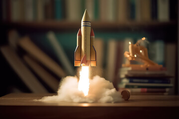 Back to school with a rocket flying out of a book, - obrazy, fototapety, plakaty