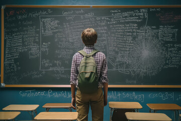 the teacher thinks how to solve a math problem at school agnst the background of a black board, - obrazy, fototapety, plakaty
