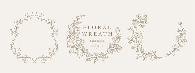 Hand drawn floral frames with flowers, branch and leaves. Wreath. Elegant logo template. Vector illustration for labels, branding business identity, wedding invitation