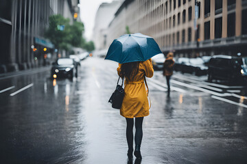 Woman avoiding the rain in the city Generative Ai