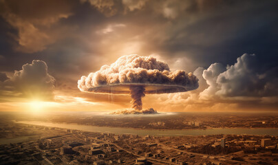 Nuclear boms. Atomic bomb explosion on landscape with copy space. Political issue,weapon,war concept