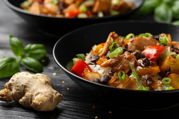 Stir fry Chicken with Black Bean, vegetables and rice