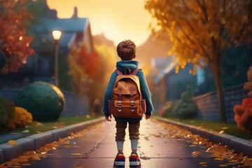 the schoolboy goes to classes on September 1 in the autumn city park.