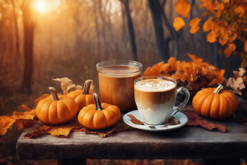 decoration for Halloween, still life, a cup of hot latte and waffers and pumpkins on an old wooden table against the background of beautiful autumn nature at sunset