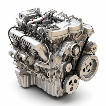 a new generation diesel or gas engine of a car or truck, silver automobile motor , nanopunk object design, isolated on white background