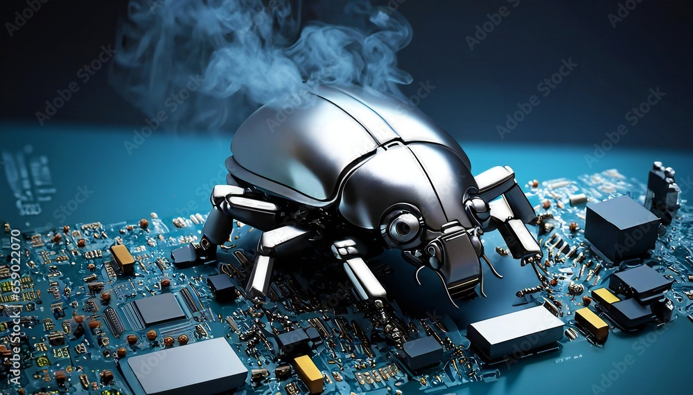 Poster beetle attacks and destroys electronics. concept of computer virus and malicious software code.