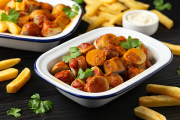 Traditional German currywurst, served with potato chips and sauce