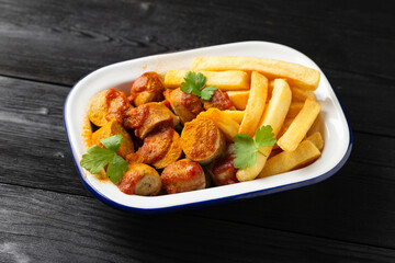Traditional German currywurst, served with potato chips and sauce