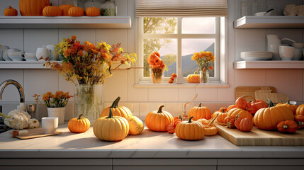 kitchen decorated for fall with orange pumpkins and leaves