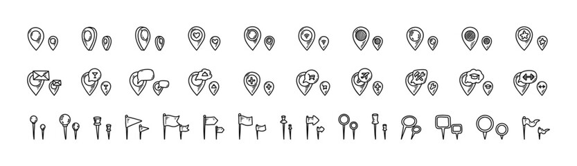 Navigation pinpoint, location map pins. Doodle sketch vector illustration. Big set of hand drawn GPS pointers. Airport, hospital, wifi, gym, restaurant, bare, store address. Destination symbol