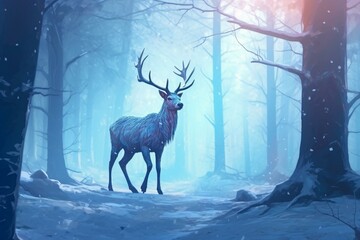 A mythical deer astray amidst a frosty woodland. Generative AI