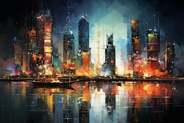 Vibrant nocturnal scene of cityscape framed by towering buildings. Generative AI