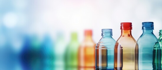 The group of PET bottle products in a close up scene showcasing the raw material for plastic bottle manufacturing - obrazy, fototapety, plakaty
