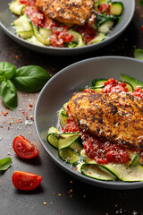 Healthy Chicken zucchini pasta with tomato sauce. Low carb, keto diet