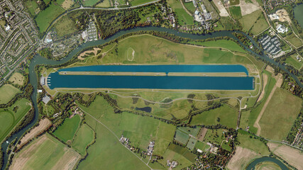 Dorney Lake, purpose built rowing lake looking down aerial view from above – Bird’s eye view...