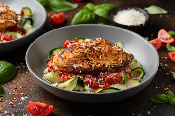 Healthy Chicken zucchini pasta with tomato sauce. Low carb, keto diet