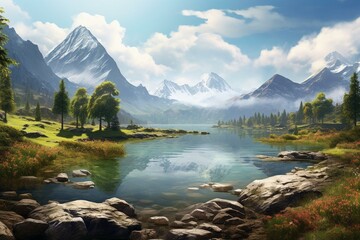Stunning panorama of a serene lake surrounded by enchanting scenery. Generative AI