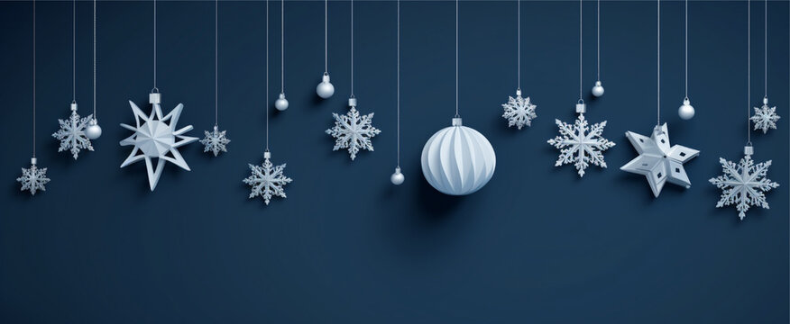 christmas elements in blue on a blue background, christmas ornament elements hanging blue background