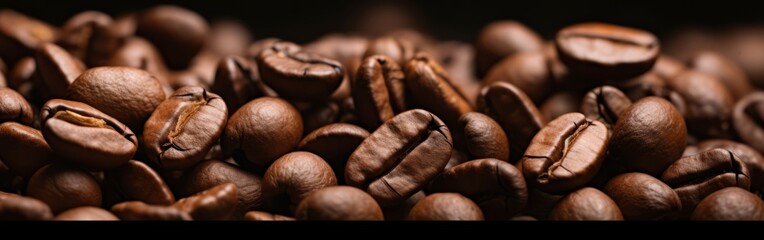 Closeup of brown roasted coffee beans on a dark background