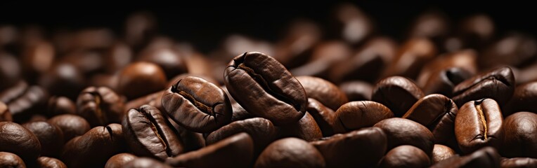 Closeup of brown roasted coffee beans on a dark background