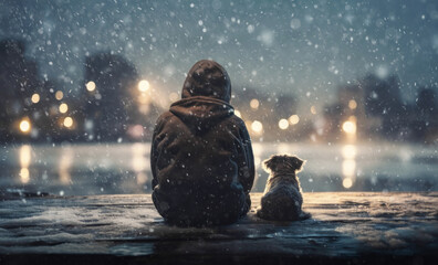 Close up of a lonely man with dog looking at city lights at night in winter