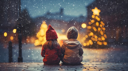 Close up of a girl and boy sitting together and looking at Christmas lights