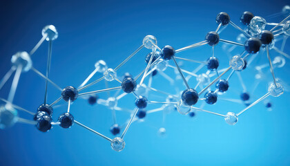 Molecular structure model on blue background.