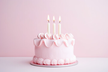 Birthday cake with candles over pink pastel background