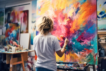 Back view of female artist painting abstract picture on canvas in art studio. Creativity workshop, professional painter. Generative AI