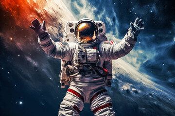 Astronaut in spacesuit at outer cosmos. Spaceman do spacewalk, cosmos exploration. Generative AI