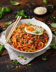 Kimchi Fried Udon Noodle with Fried Egg and bacon. Korean food.