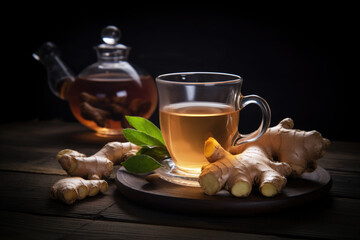 Ginger tea with mint and lemon on a dark wooden background