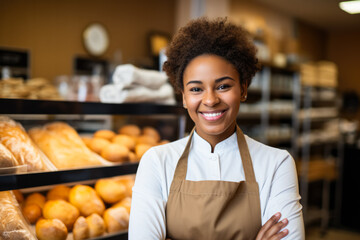 Fototapeta premium Cheerful young employee in grocery store smiling at the camera 
