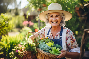 Portrait of smiling senior woman holding basket with succulents in garden at sunny day. Concept of happy gardening. Generative AI