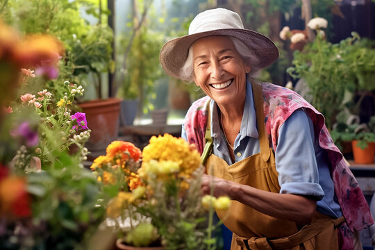 Portrait of happy gardener. Smiling asian elderly woman in her flower garden at home. Generative AI
