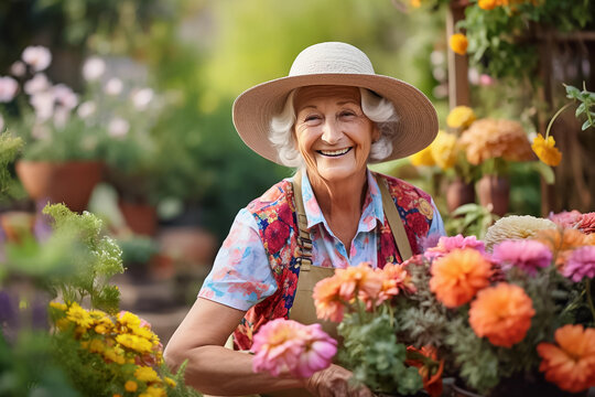 Gardening is her life. Cheerful elderly woman in hat looking at camera and smiling while gardening. Generative AI