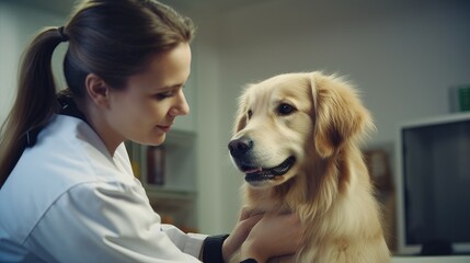 female veterinarian examines a dog