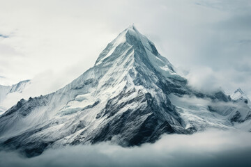 Snow-capped mountain stands alone against a white background 