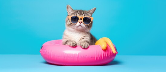 Concept of travel preparation recreation and pet hotel depicted by a cute cat with sunglasses blue suitcase flamingo rubber ring and a blue background
