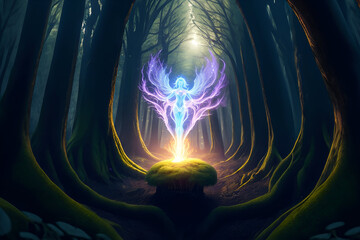 A light elemental creature in magic forest - Generative AI