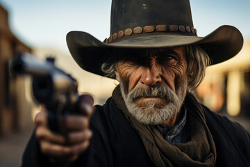 Front-facing cowboy gun drawn prepares for wild west town duel 